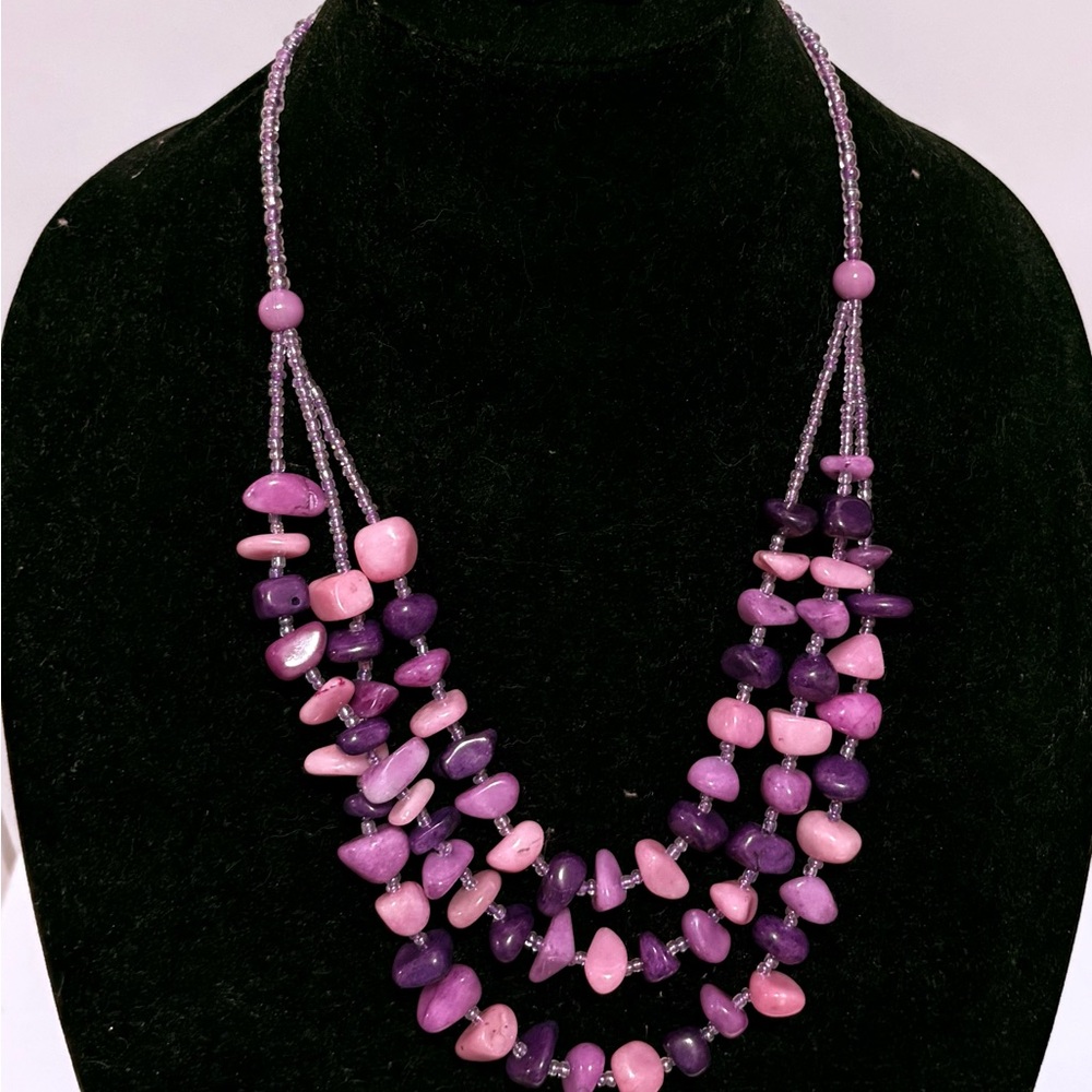 JS Pink Purple Natural Stones Beads Necklace SilverTone Clasp Matching Earrings
